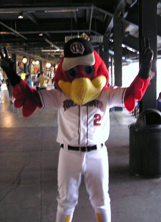 The Redhawks mascot in the concourse