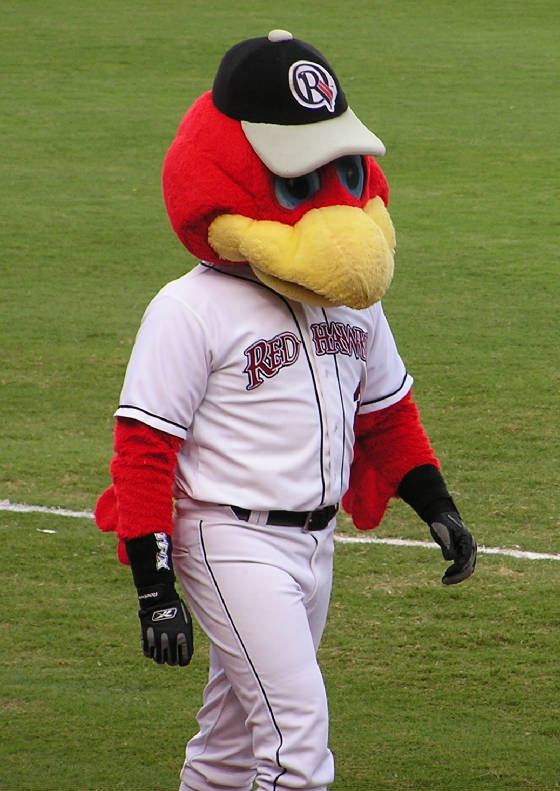 The Redhawks mascot walking the field